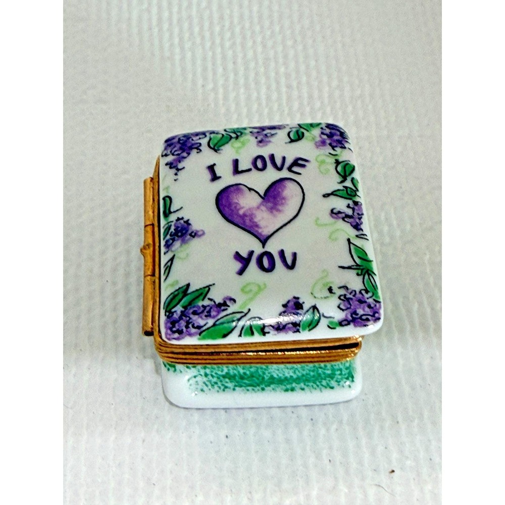 Vintage Limoges France I LOVE YOU Hand Paint Porcelain Trinket Box Purple Heart